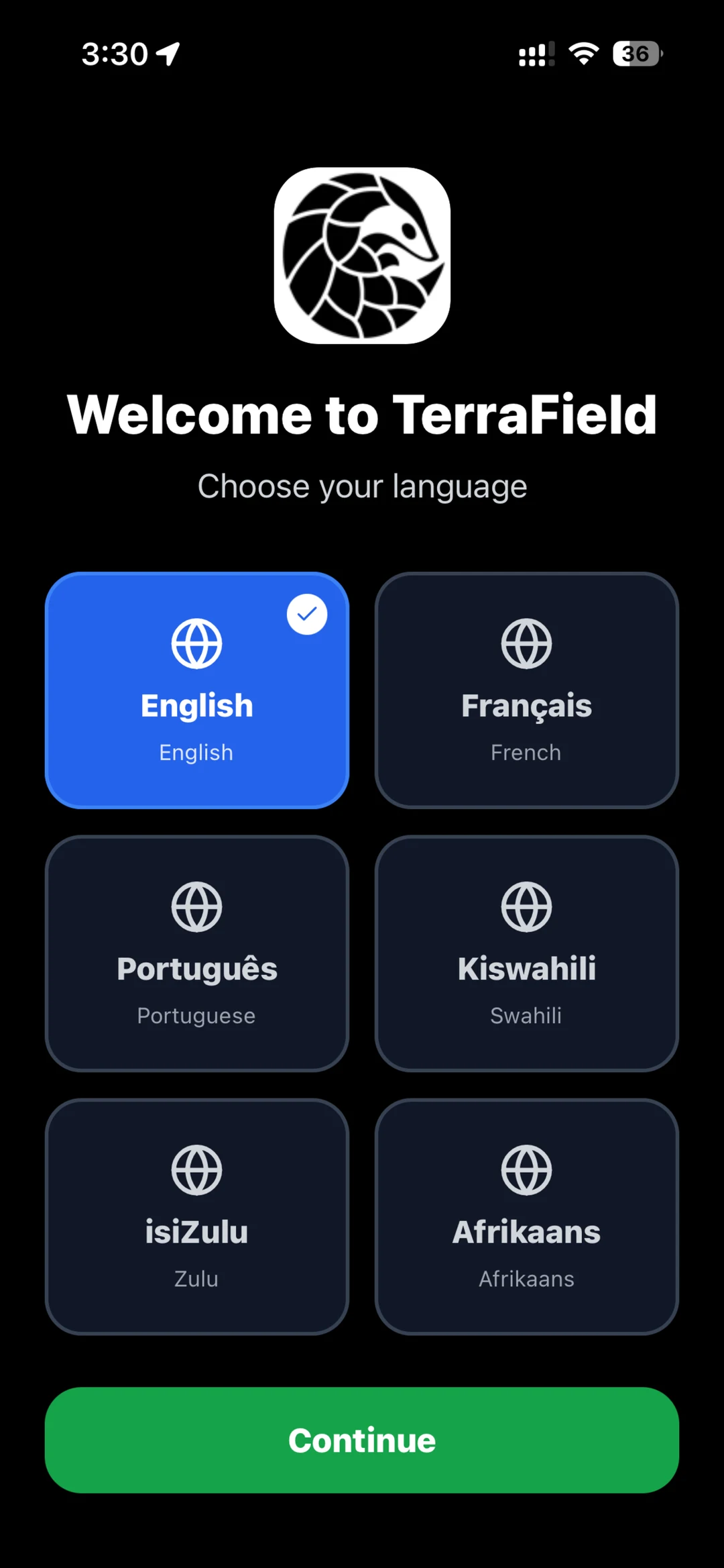 TerraField language picker showing English, French, Portuguese, Swahili, Zulu and Afrikaans